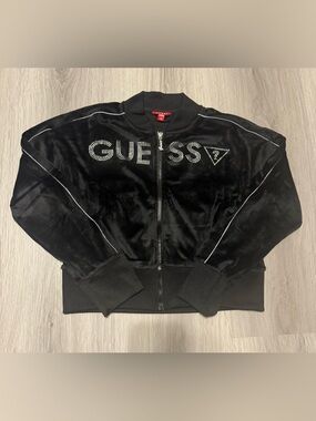 Guess Black Rhinestone Logo Velour zip up-girls Sz 11